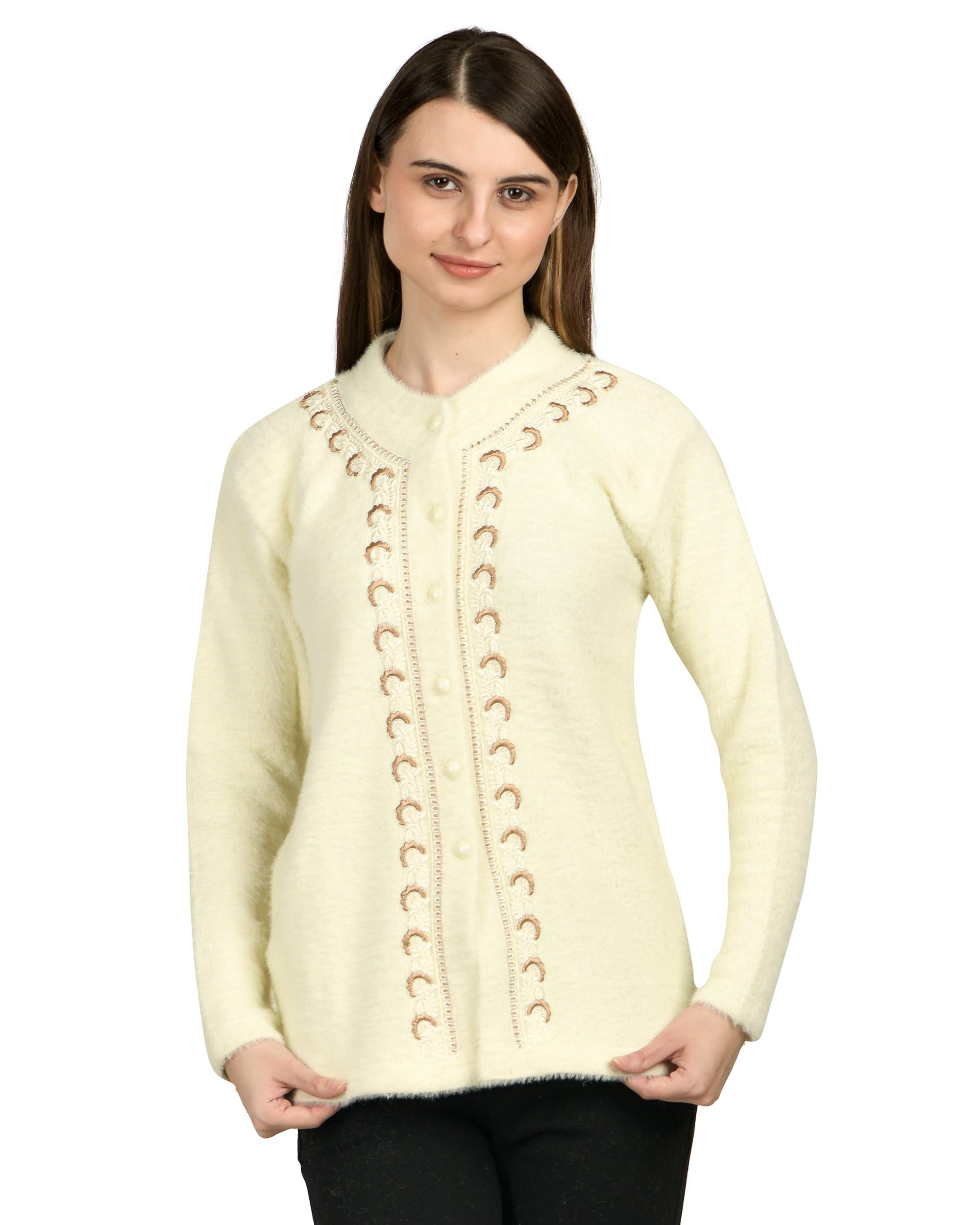 ladywillington Lady Willington Women Woolen Round Neck Self Design Hair Kadai Fabric Cardigan Winter Wear Pure Wool Cardigan for Women Long Cotty Fully Warm-picture-38