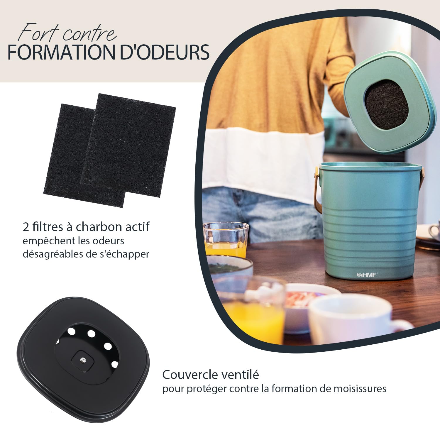 HMF Seau à Compost 3 L Noir Poubelle Bio Durable avec Couvercle