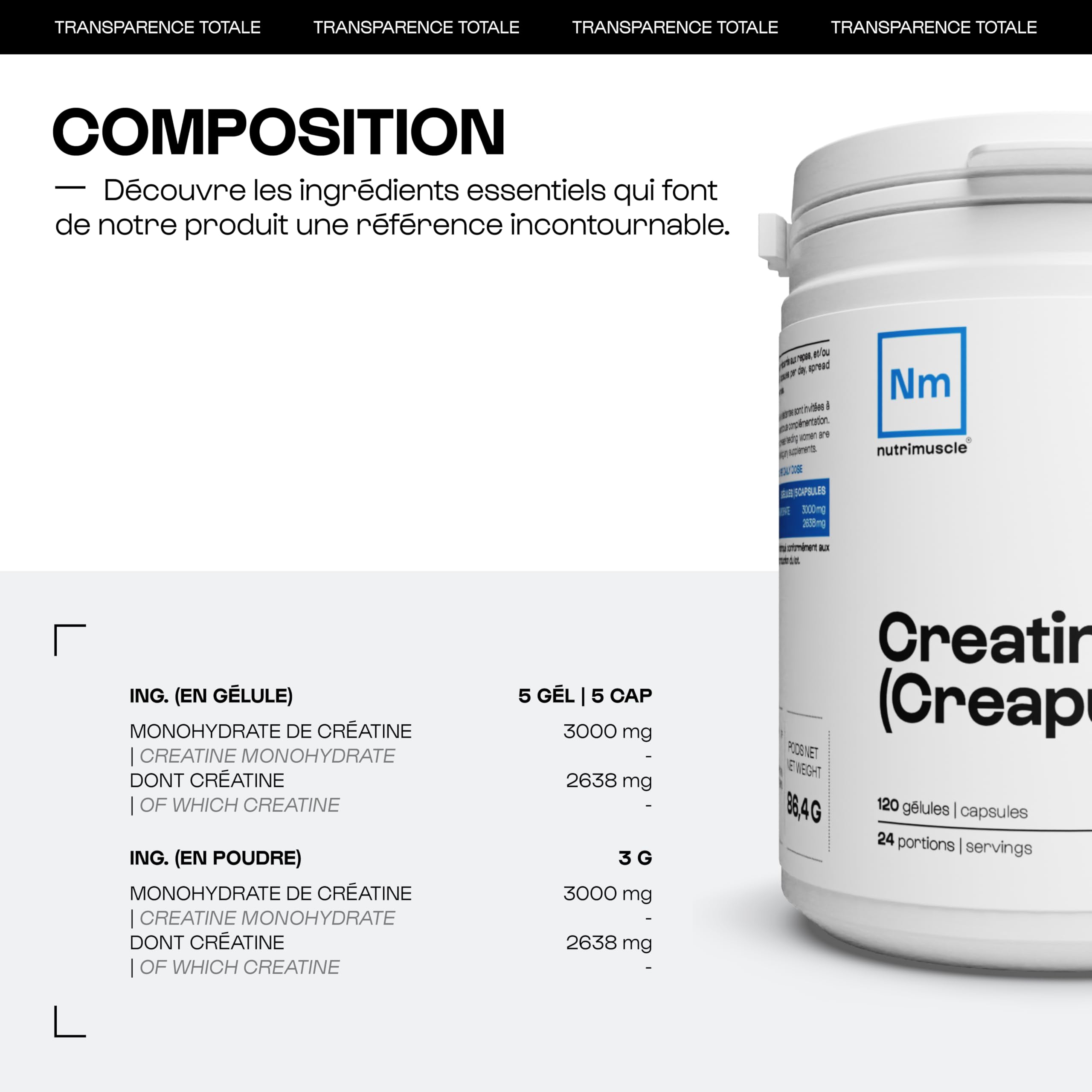 Créatine Creapure® Nutrimuscle – 120 Gélules (86.4 G) – Complément Alimentaire Neuf
