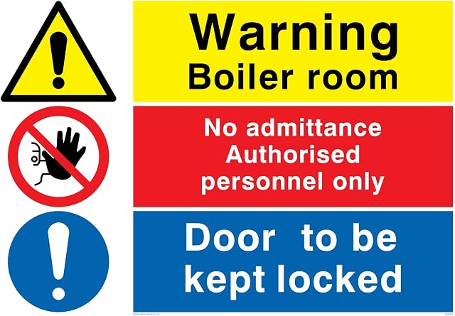 Viking Signs CV5467-A4L-V"Warning Boiler Room, No Admittance, Door Kept Locked" Sign, Vinyl/Sticker, 300 mm H x 200 mm W