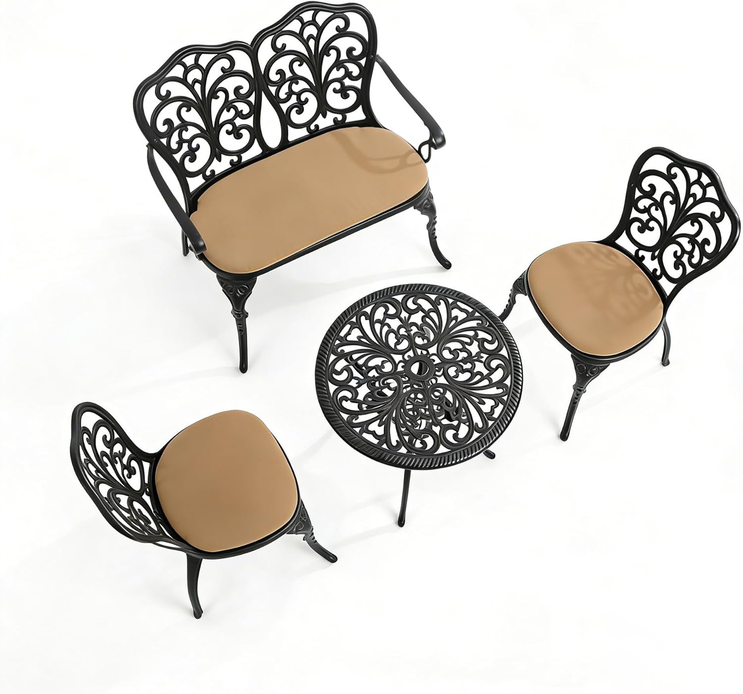 HOMEFUN 4 Piece Bistro Set with Cushion, Table Chairs and Bench, Butterfly Pattern Cast Aluminum Bistro for Garden Balcony, Durable Rust All-Weather Resistance, Black