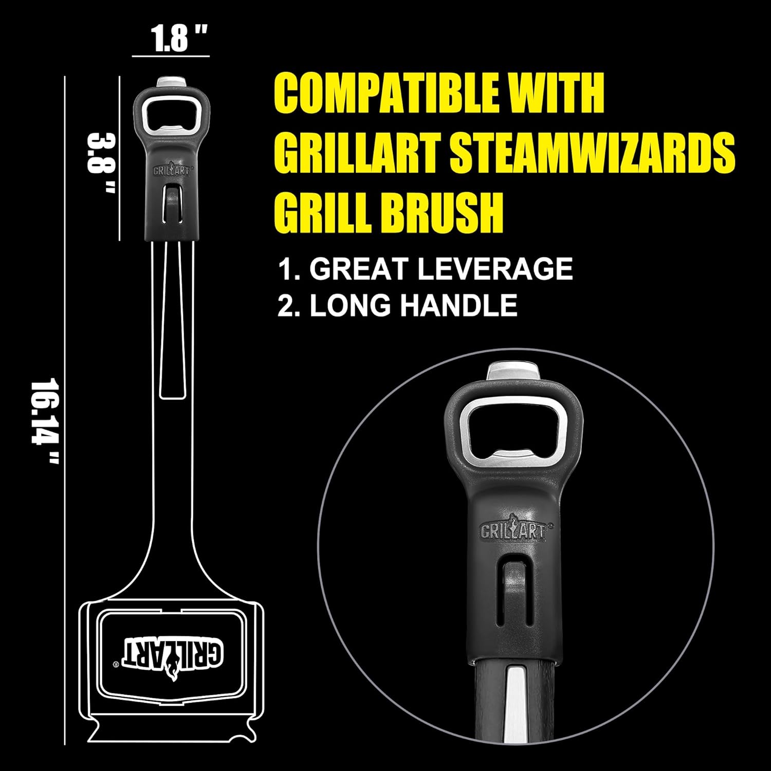 Extending Beer Opener Handle & GRILLART Steamwizards Super-Safe Grill Brush-Dark Black (Bundle)