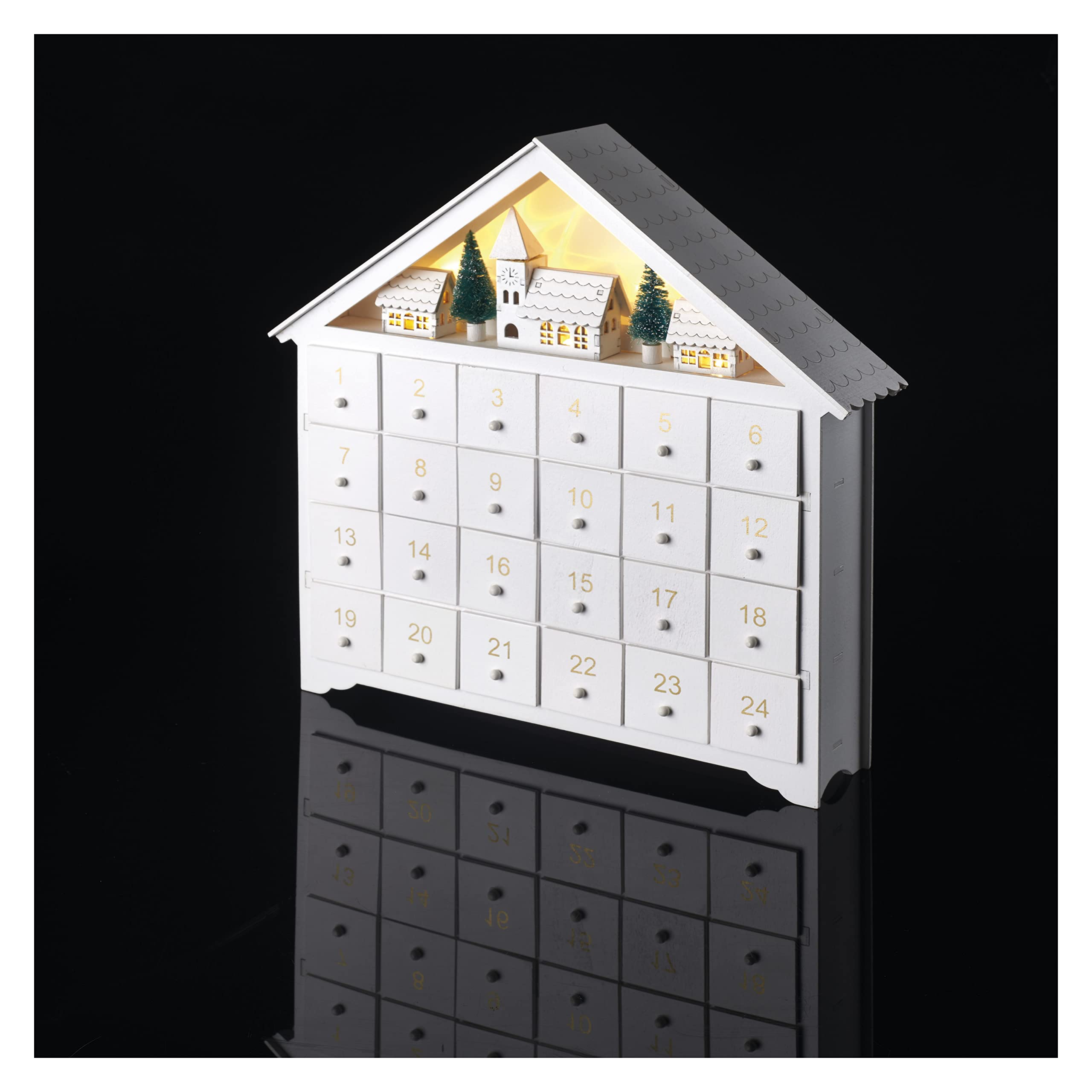 EMOS Calendario de Adviento luminoso de madera, con minicaja y pueblo de invierno, 8 ledes de luz blanca cálida, decoración navideña, IP20 para interiores, vida útil de 10.000 horas, temporizador de