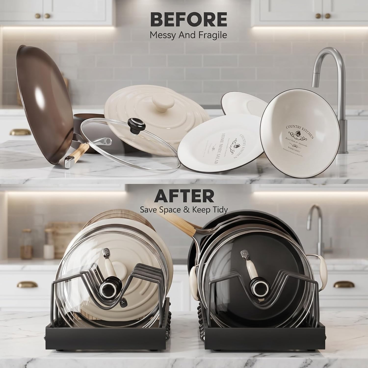 Pull Out Pots and Pans Organizer Under Cabinet – 20.5" Deep Pot and Pan Holder Rack with 10 Adjustable Dividers, Guardrail Design, Adhesive Pull-Out Pot Lid Organizer