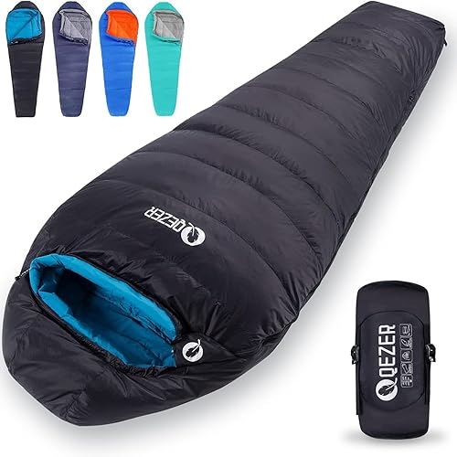 QEZER Saco de dormir de plumón para adultos, 0 F 10 F 15 F 20 F 32 F Saco de dormir con saco de compresión gratuito