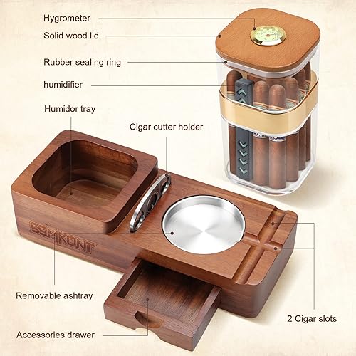 Miniatura 5 de Juego de humidor de puros y cenicero de puros, cenicero de madera con bandeja para tarros de puros, encendedor de cigarros de llama triple jet con