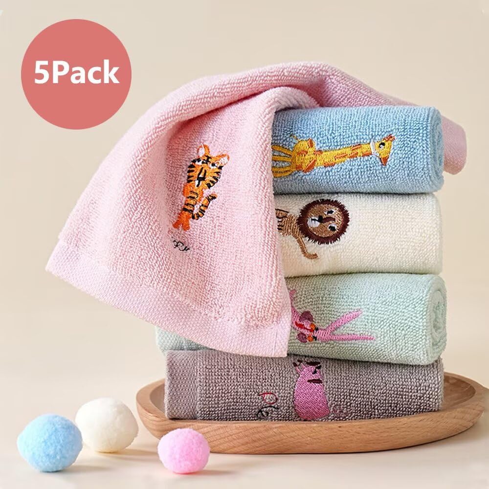 Cute Kids Washcloth Hand Towels Set 5 – 100% Cotton, Soft, Absorbent, Quick Dry – Animal Series