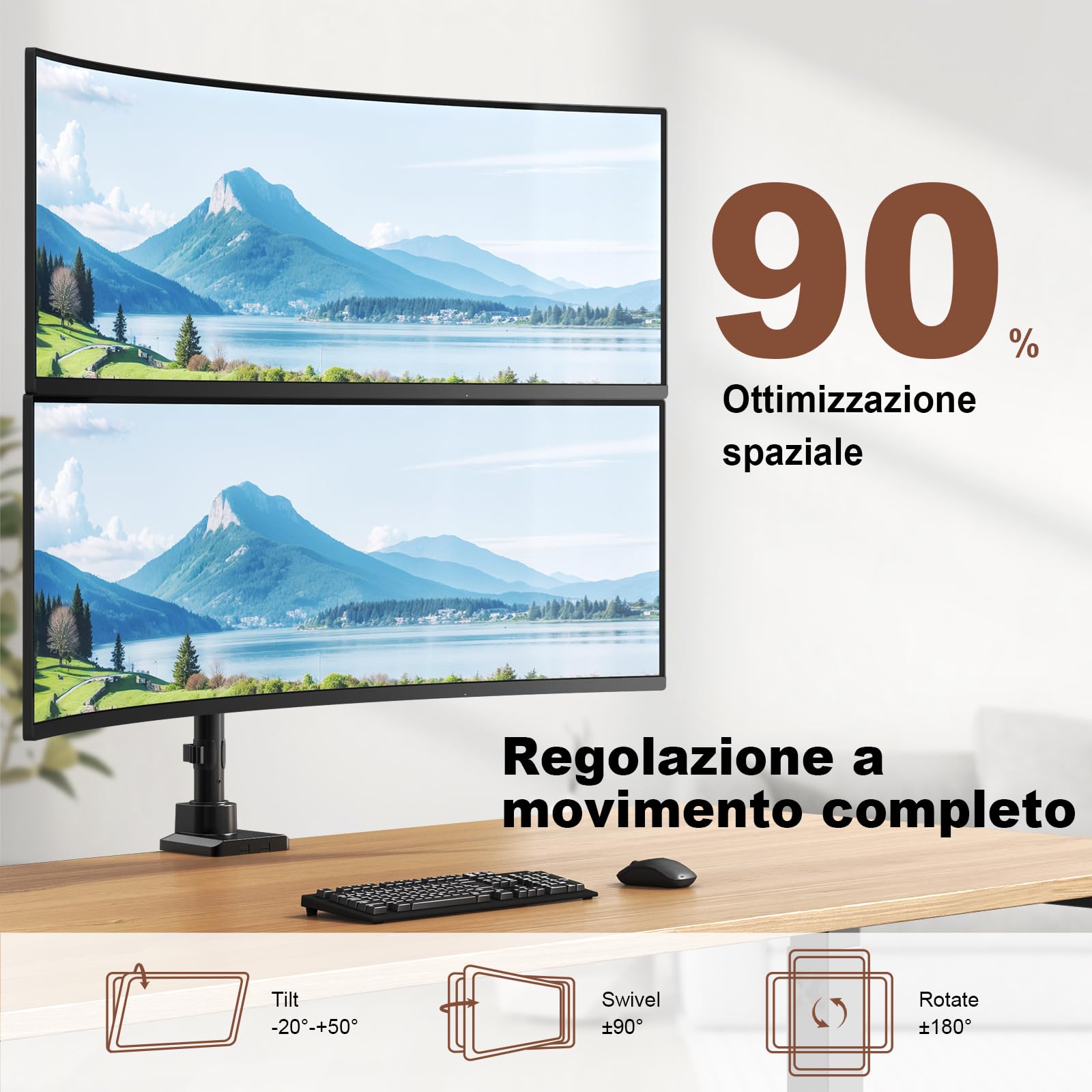 Supporto per Monitor PUTORSEN per 2 Schermi da 17 a 49 Pollici - Fino a 20 kg per braccio, supporto extra-lungo regolabile in altezza e orientabile per un'ergonomia ottimale, VESA 75/100 mm.