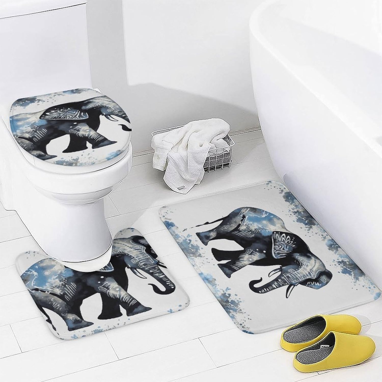 Elephant-Blue Black 4Pcs Shower Curtain Set with Non-Slip Rugs, Toilet Lid Cover and Bath Mat,Bathroom Set Decor Accessories,Curtain Set with 12 Hooks, 72 X 72 Inch
