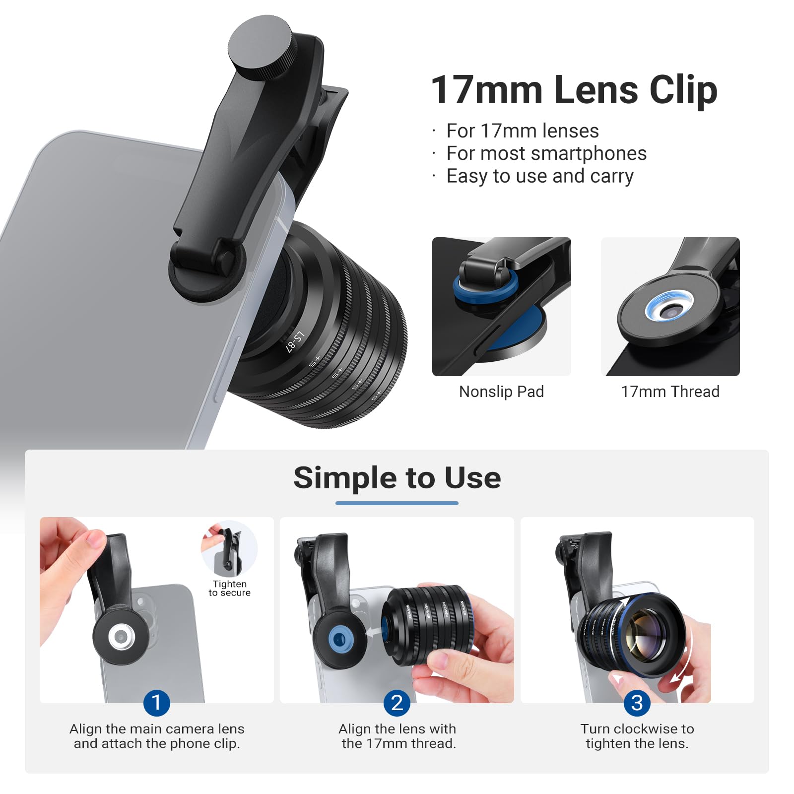 NEEWER Zestaw soczewek makro do telefonu, 4 szt., zestaw mocowań magnetycznych zbliżeń z zaciskiem gwintowanym 17 mm, akcesoria fotograficzne kompatybilne z iPhone Android Samsung, LS-87