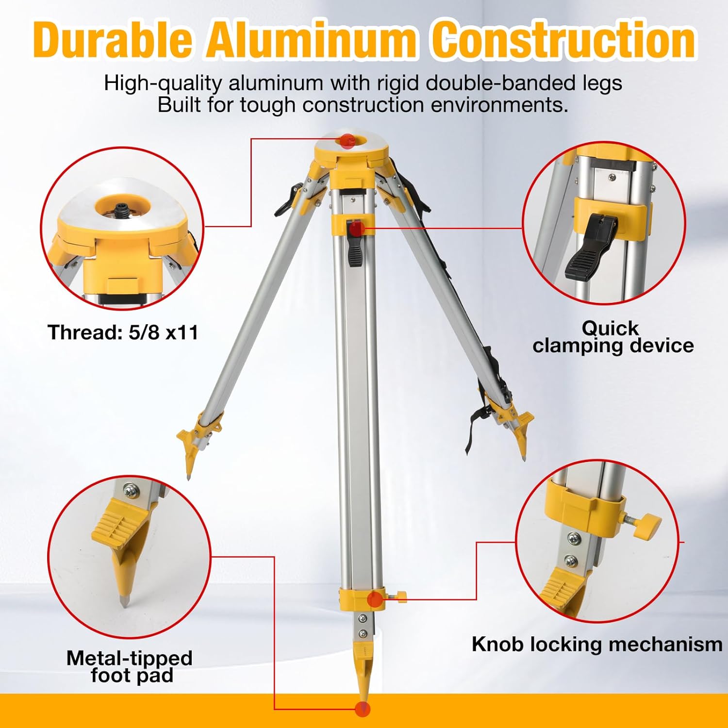 Aluminum Surveying Tripod with 5/8"-11 Threaded Flat Head, Quick Clamp & Extendable Legs, Lightweight Surveyor/Transit/Level Tripod for Auto Levels, Theodolites & Construction