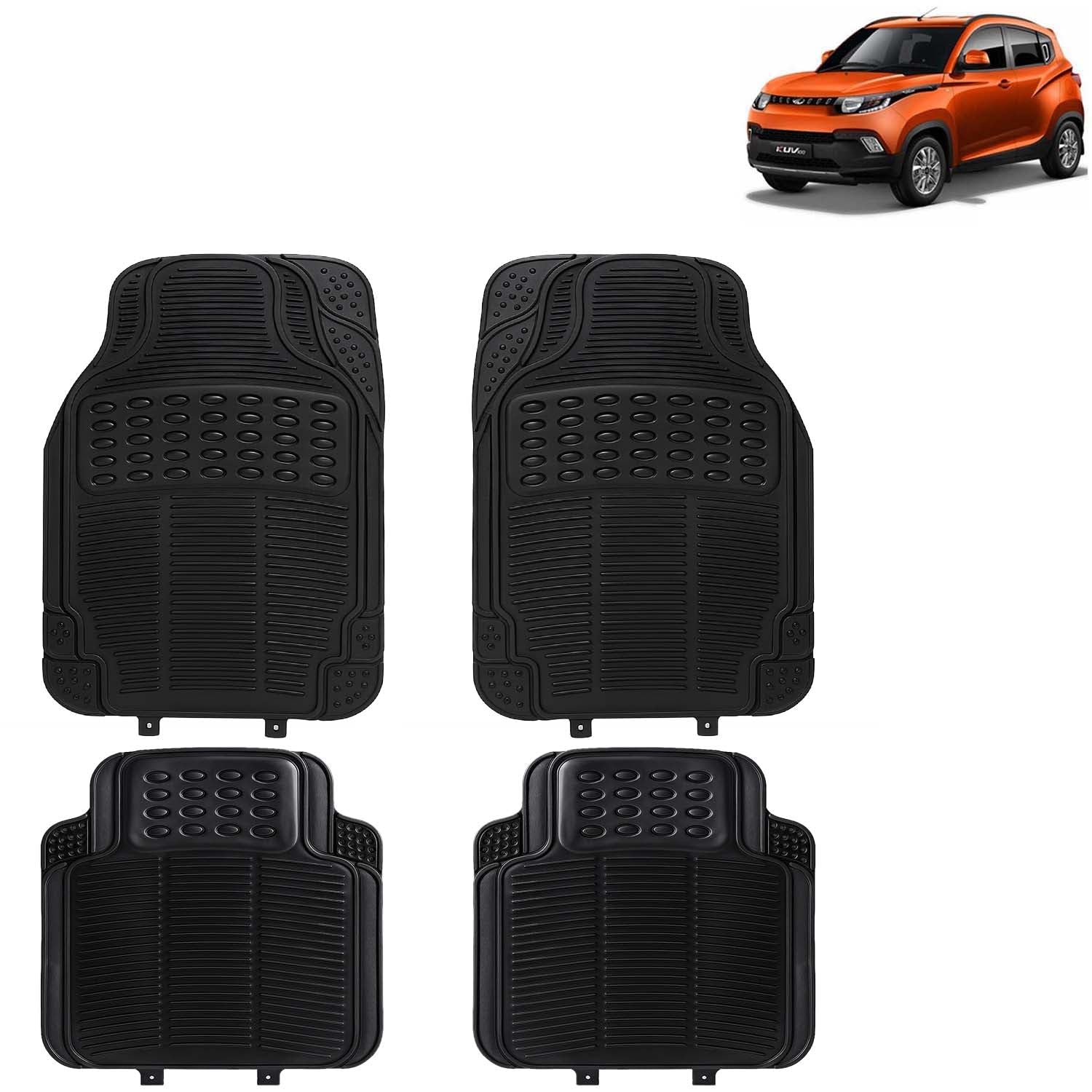 KINGSWAY Accessories Universal Use Anti Skid PVC Car Mat Compatible with Mahindra KUV 100 Year 2016 to 2021, Set of 4 Pcs Anti Slip Car Floor Rubber Mats, All Weather Car Foot Mats, Black