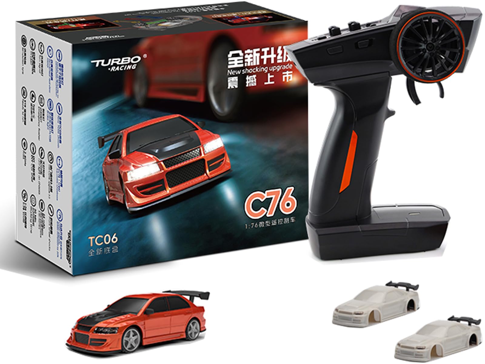 FLYCOLOR TurboRC 1:76 Mini Sports Car 4CH 2.4GHz Remote Control Full Proportional RTR Kit with 2 Interchangeable Body Shells (C76-Red)