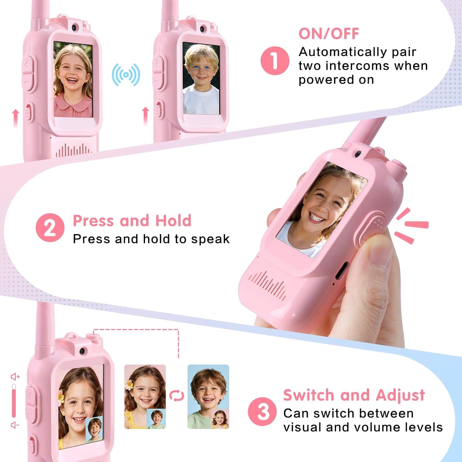 Video walkie-Talkie, 2 Sets of Rechargeable walkie-talkies, Voice Converter, 1000 feet Communication Range, Indoor Entertainment, Camping, Traveling, Boys and Girls' Birthday Gifts (Pink/Pink)