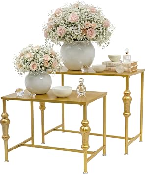 Retail Display Tables Vintage Boutique Display Table Clothing Shoes Display Shelf Nesting Tables 2 Piece Set, Carbon Steel Gold