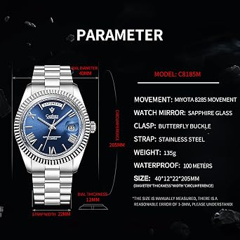 CADISEN Design Automatic Watch Men's Mechanical Stainless Steel Waterproof Wristwatches Homage Non-Allergic