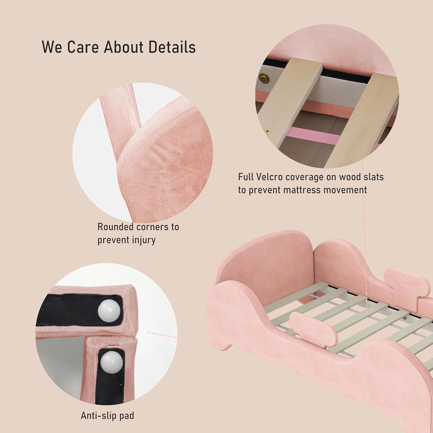 allamazing Toddler Bed, Toddler Flood Bed with Extra Safety Broad, Standard Crib Size for Kids, Certified Fabric Beds, Low to Floor Design (Pink)