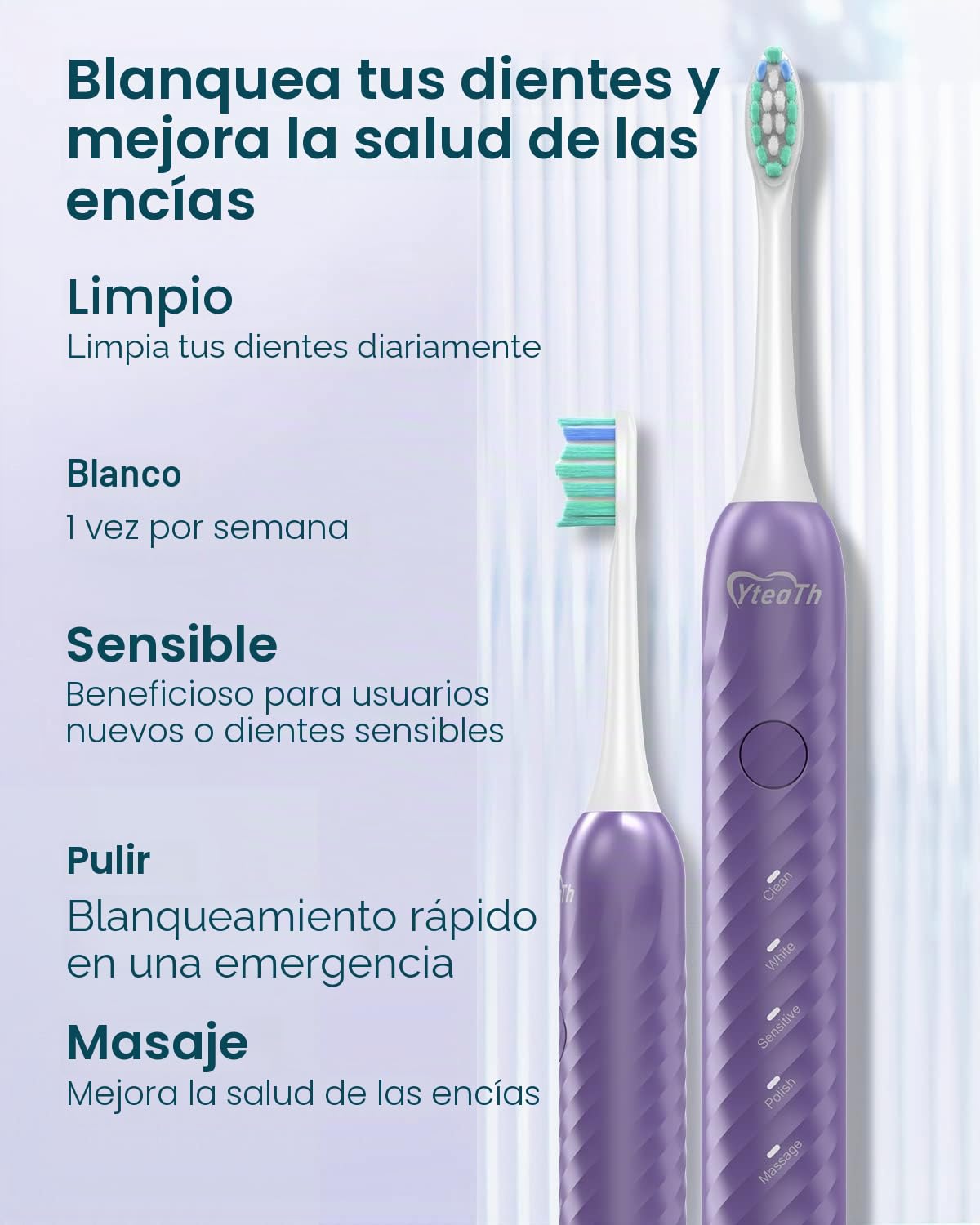 Cepillo de dientes eléctrico para adultos con 6 cabezales de cepillo, cepillo de dientes sónico recargable, batería de larga duración, 4 horas de carga y 180 días de uso, púrpura