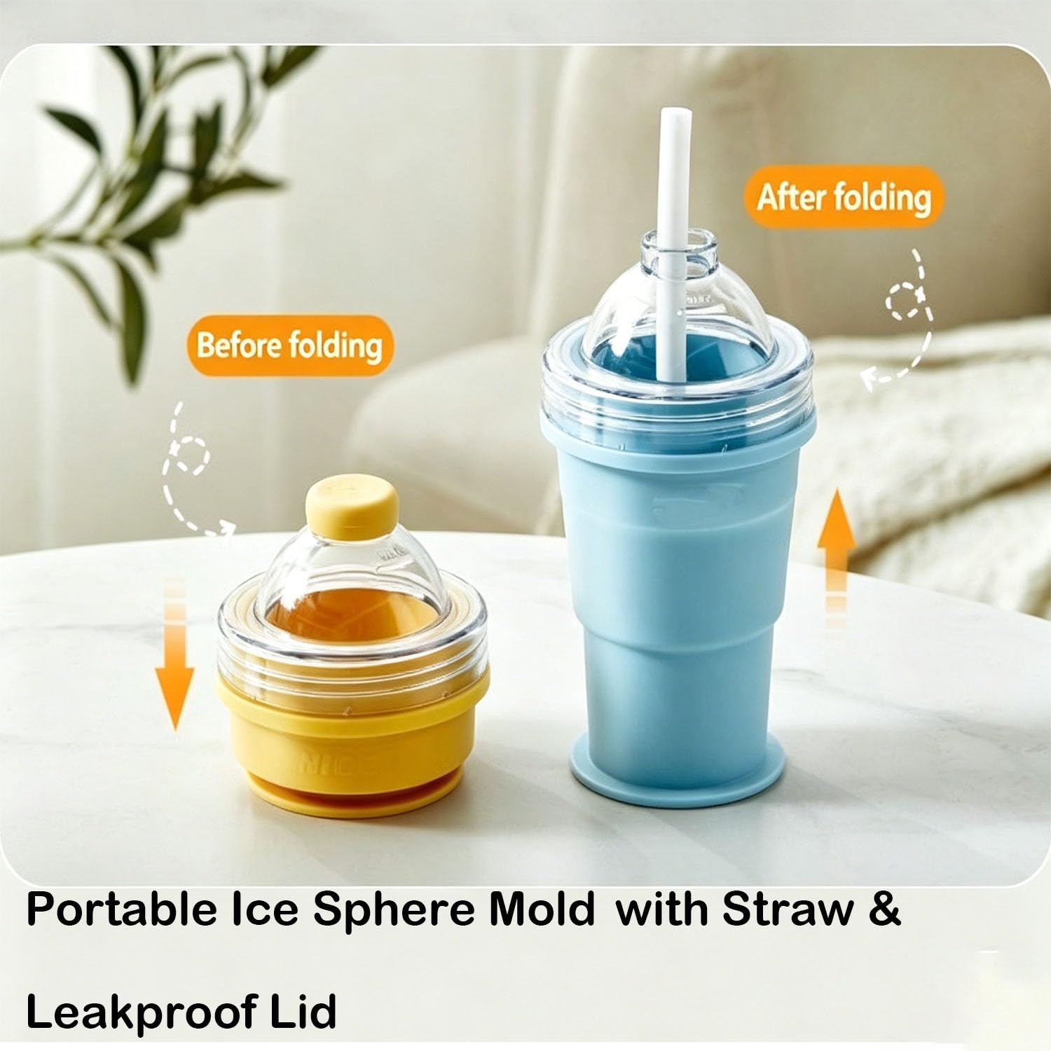 2-in-1 faltbarer Silikon-Eiskugel-Becher, wiederverwendbar, tragbar, Eiskugelform mit Strohhalm und auslaufsicherem Deckel, berührungsfreie Eiswürfelform für Whiskey, Saft und Sommergetränke (2 Stück