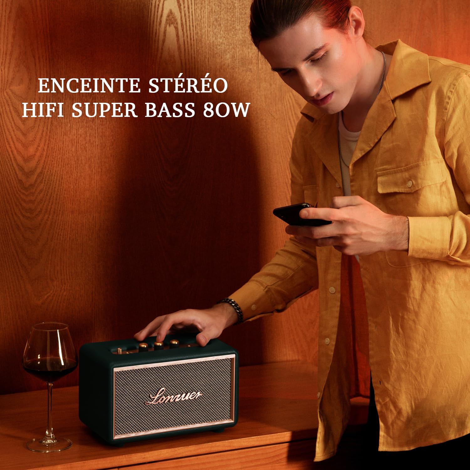 Cassa Bluetooth Retro In Legno Portatile Batteria da 10000 mAh 80W Senza Fili Basso Subwoofer Altoparlante Bluetooth TWS con ingresso AUX, slot per scheda SD, porta USB per feste all'aperto (verde)