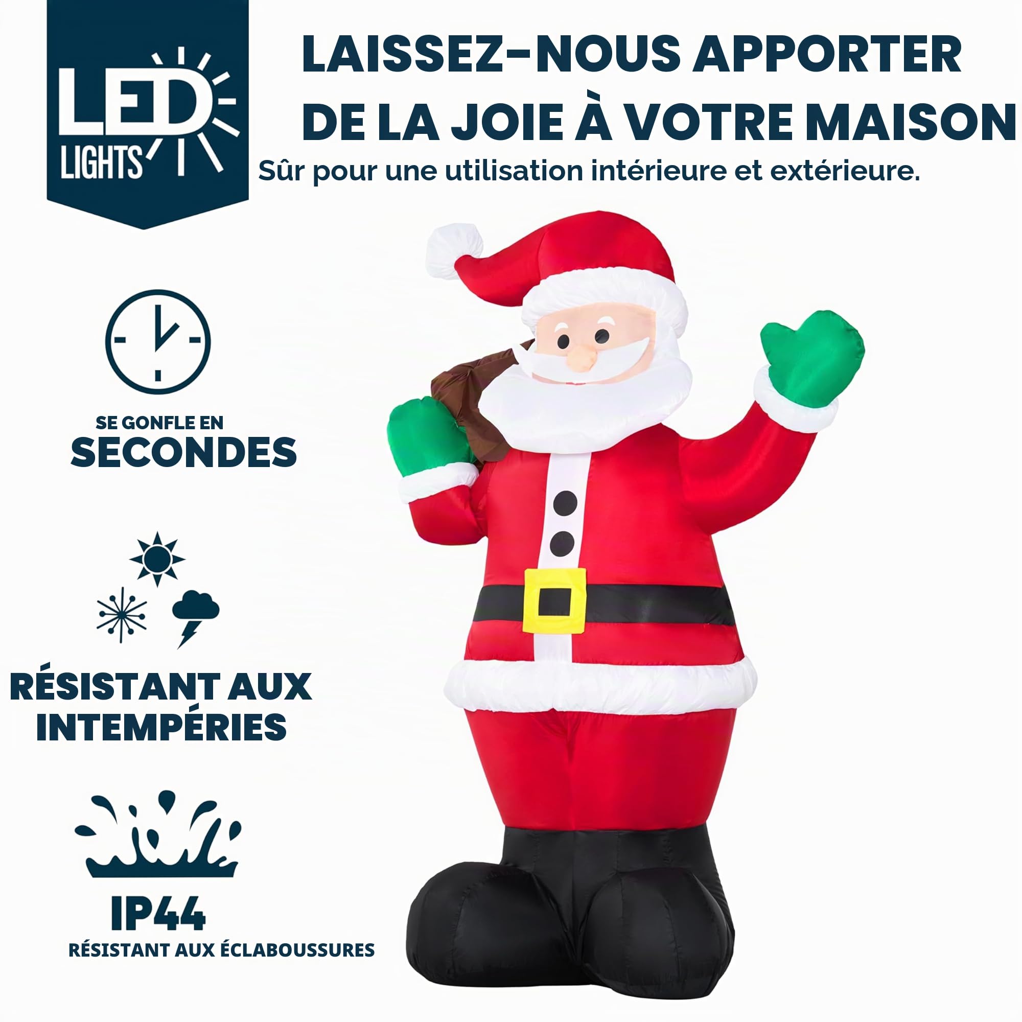 Joiedomi Père Noël gonflable de 1,8 m Sac cadeau de Noël géant gonflable à LED pour décoration de cour, intérieur ou extérieur