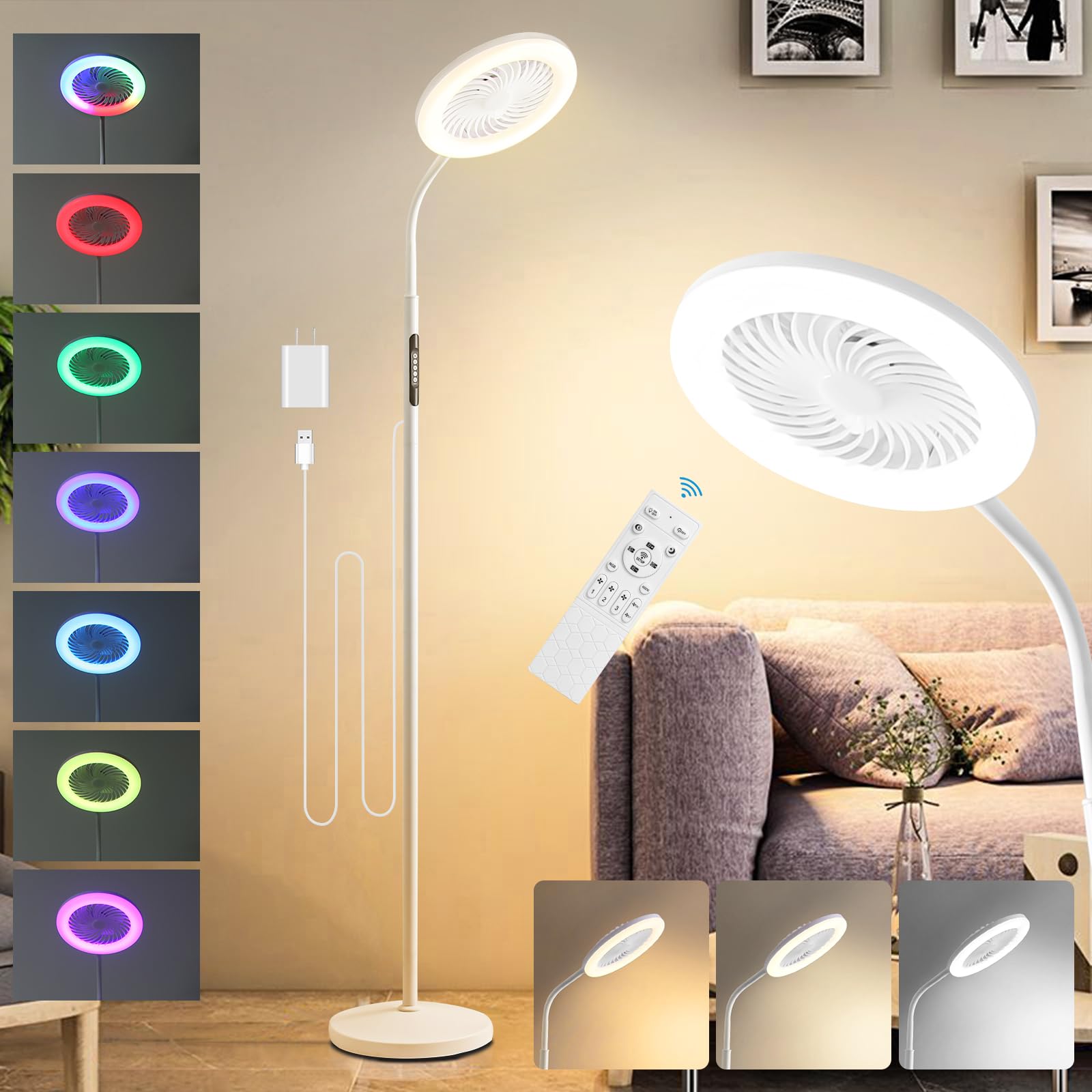 Photo 1 of **FOR PARTS / DOESN'T TURN ON*** HelpLand RGB Floor Lamp with Fan, 2 in 1 Adjustable Height Standing Pedestal Floor Fan Lamp with 3000K-6000K/RGB Dimmable and 3 Speeds, LED Floor Light with Remote for Bedroom, Living Room, Camping