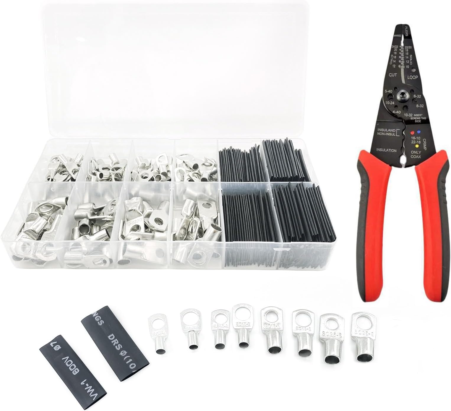 Wire Terminals Crimping Tool, Copper Wire Lugs, Terminal Connectors, Heat Shrink Set, Bare Copper Eyelets, Ring Terminals Connectors(261Pcs)