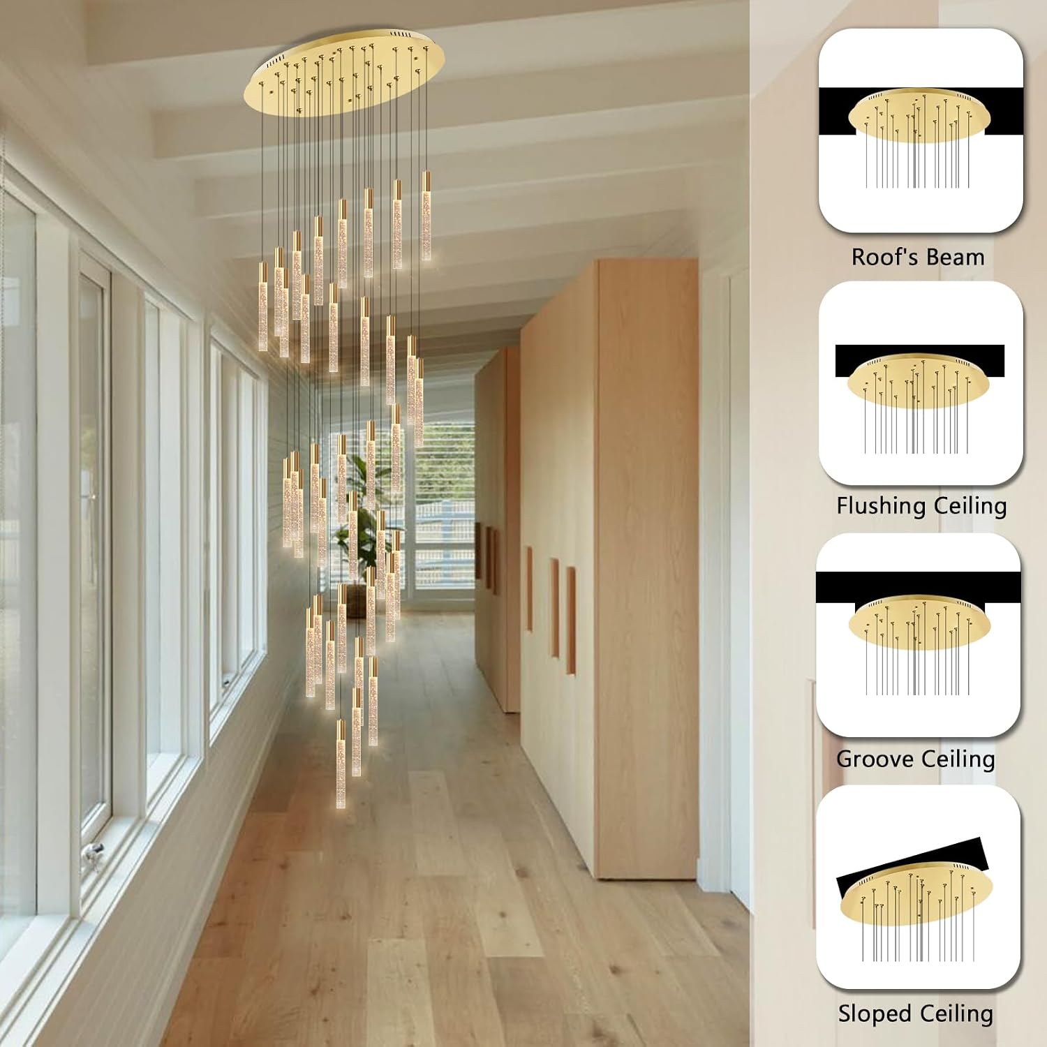 13ft LED Lights Ceiling Light Chandelier Living Room Light Fixtures Gold Chandeliers Hallway Entryway Stair Crystal Modern Chandelier with Dimmable Light Bulbs High Ceiling Foyer Front Door Lighting
