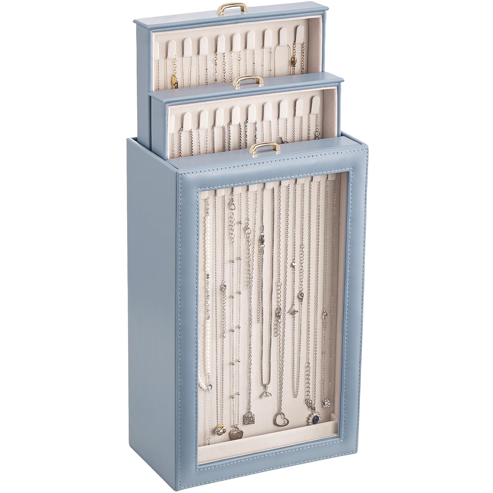 Lolalet Women's Dusty Blue Necklace Organizer Box, Jewellery Storage Boxes With Clear Lid For Necklaces, Tangle-Free Necklace Display Case For Girls -, 3-Layer