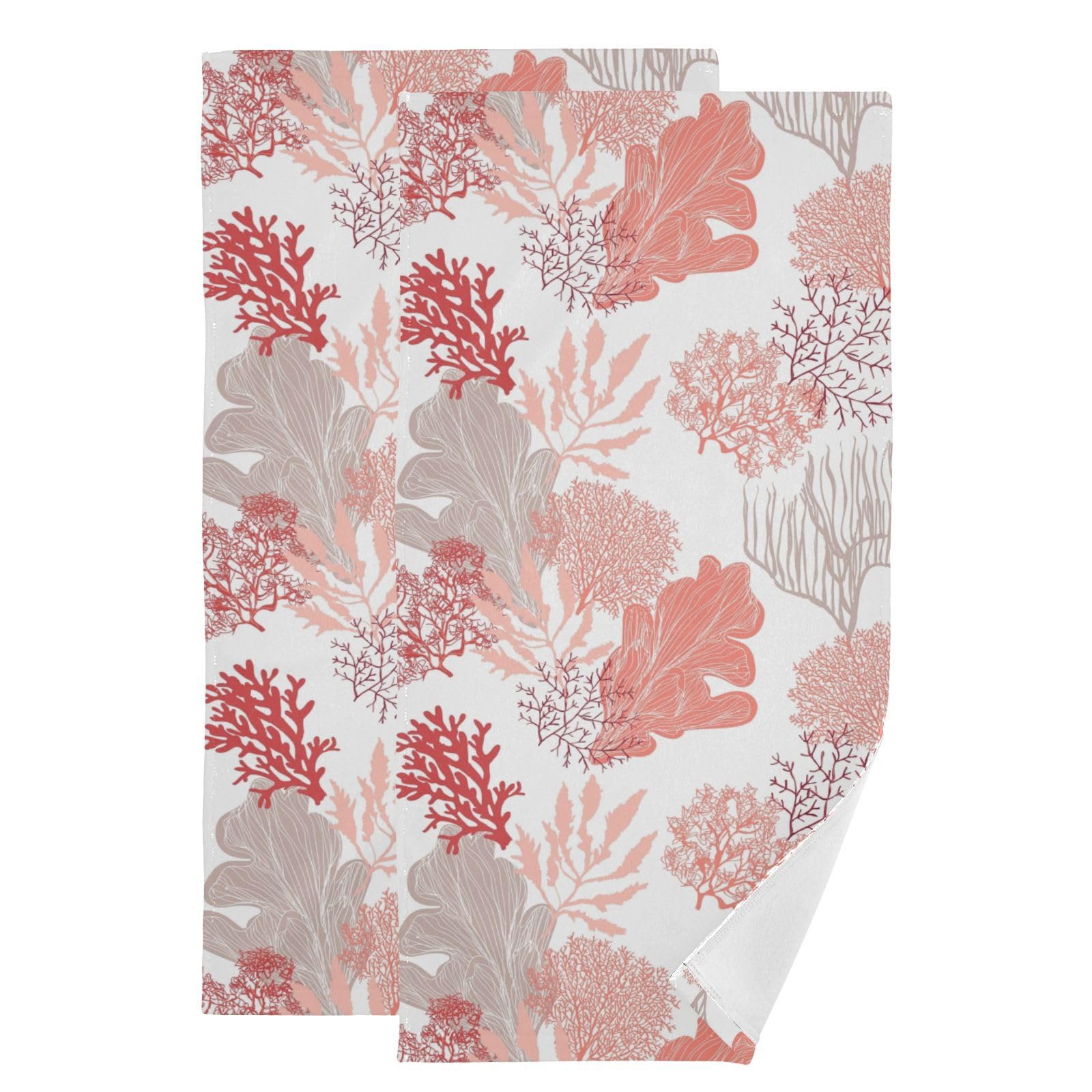 KENADVI Tropical Orange Coral Hand Towels for Bathroom Set of 2 Sea Ocean Nautical Seaweed Dish Towels for Kitchen 14"x28" Soft Absorbent Beach