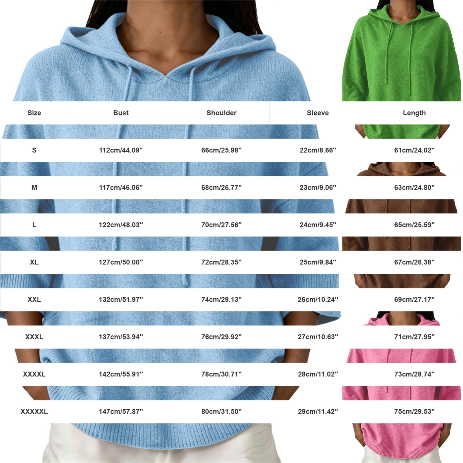 Generisch Hoodie Damen 3/4 Ärmel Strickhoodie Kapuzenpullover Sweatshirt locker Oversize Pullover Strickpullover mit Kapuze Herbst Winter Oberteil