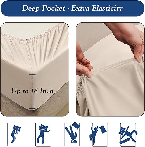 Miniatura 5 de YIYEA Juego de sábanas bajeras y fundas de almohada tamaño individual  Sábana bajera ajustable de viscosa de bambú de primera calidad para personas