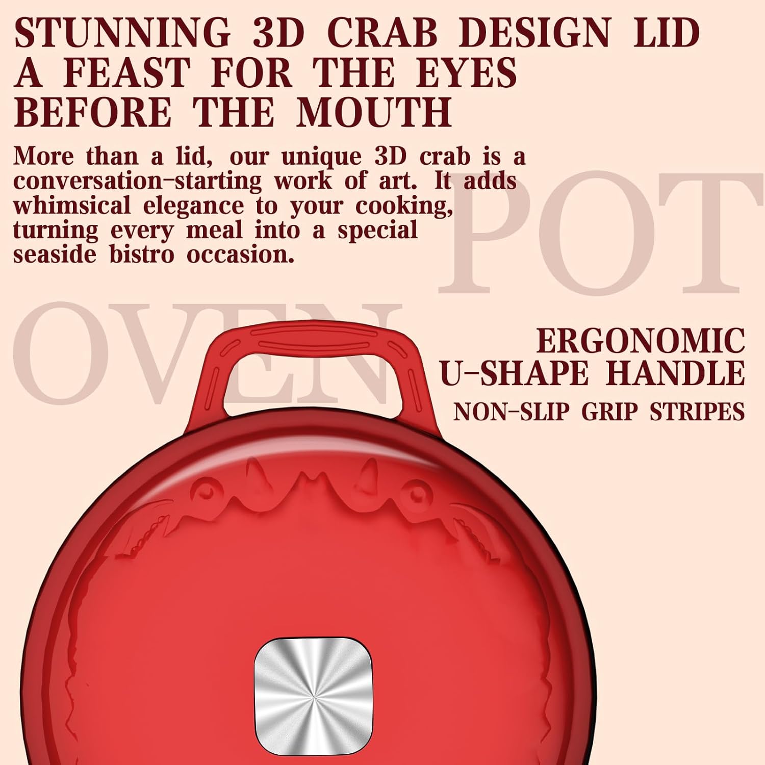 Enameled Cast Iron Dutch Oven - 5 Quart, Exclusive Designed Crab Lid, Oversized Knob, for Bread Baking Braiser Cooking - Red