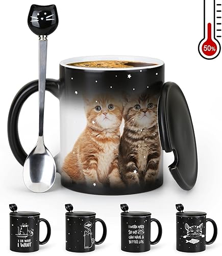 Miniatura 4 de Taza de café con diseño de gato que cambia de color de 11 onzas  The Fish is Delicious  Taza de gato de Halloween con tapa negra y cuchara para