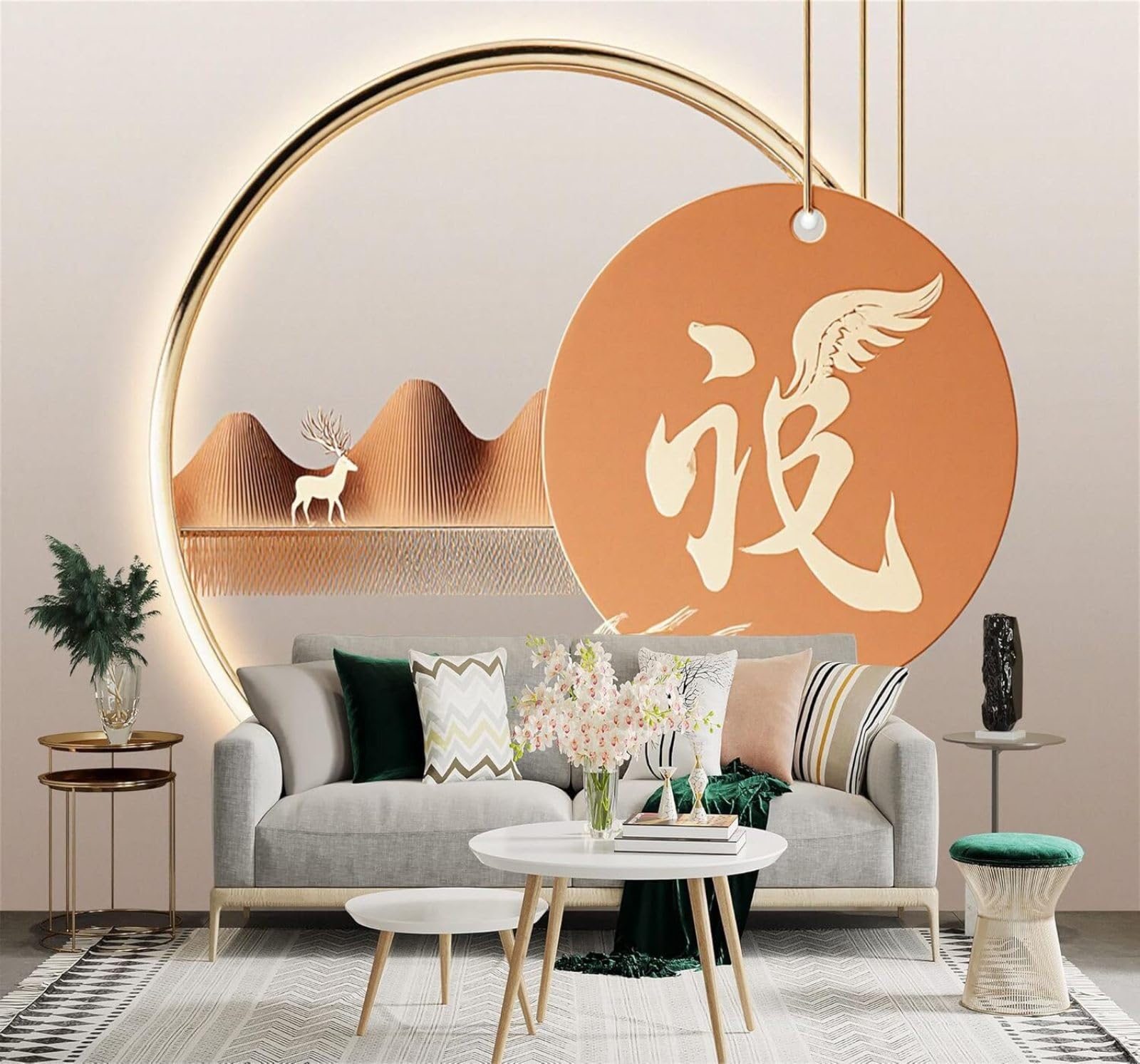 Xlming 200Cm×140Cm(B×H) Golden Deer Mountains Little Fish Circular Art 3D Wallpaper Silky Texture Home Study Office Grey Dining Room Sofa Bedroom Living Room Tv Backdrop-200Cm×140Cm