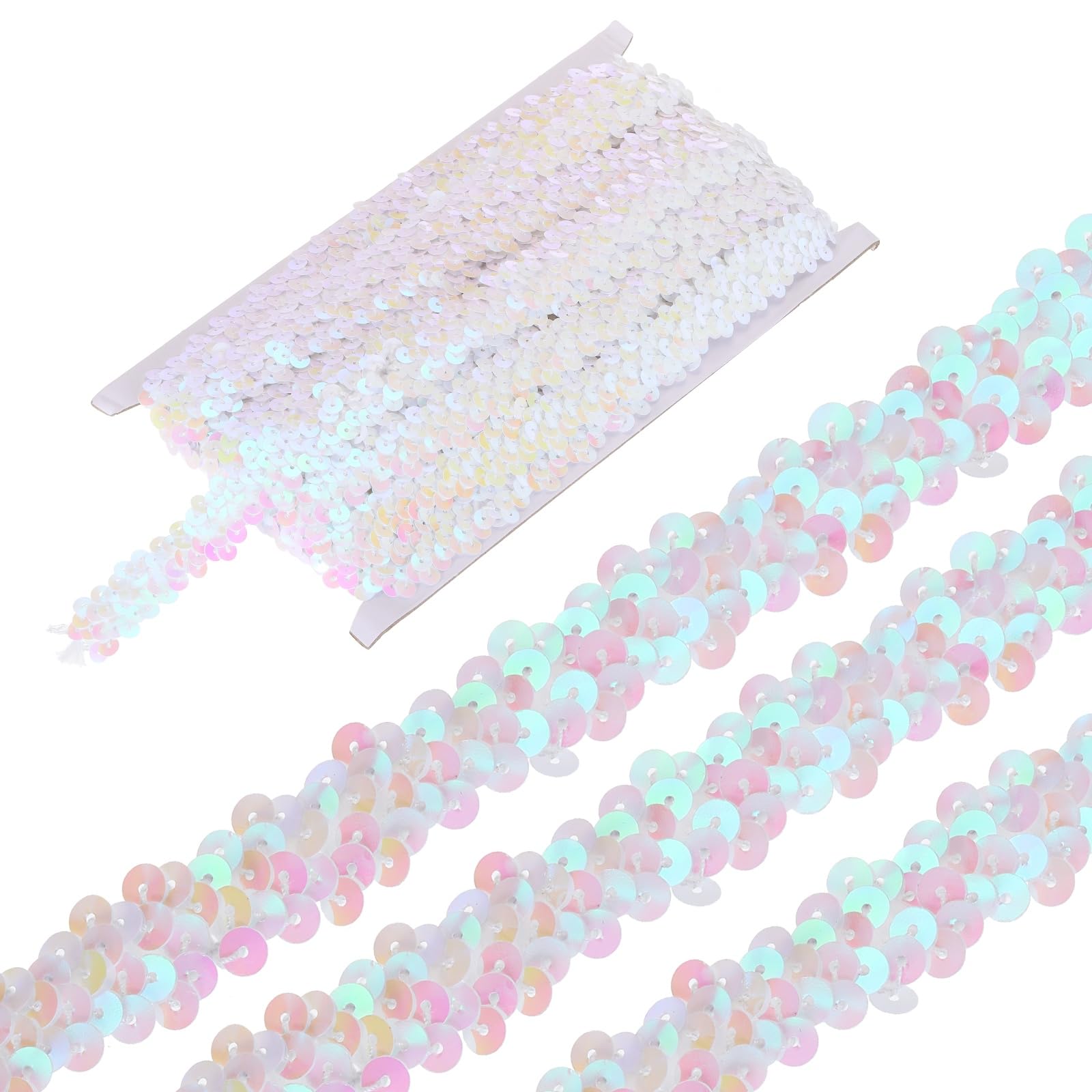 sourcing map 5 Yards 0.8 Inch Elastic Sequins Trim 2 Row Flat Sequin Strip Paillette Fabric Ribbon for Crafts DIY Fringe Sewing Costume Dress, Colored White