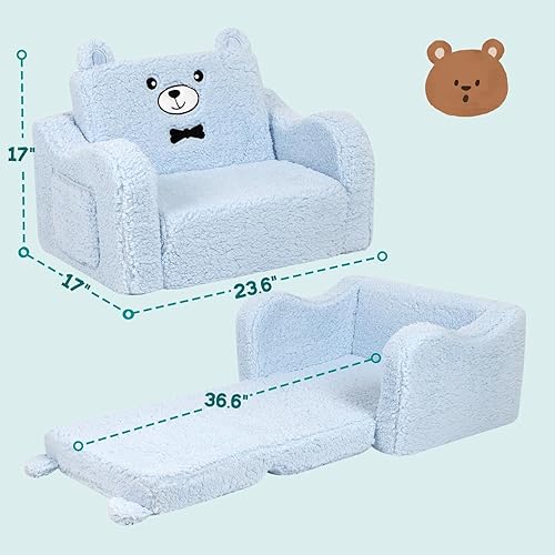 Miniatura 3 de Sillas infantiles para niños pequeños, sofá de sherpa suave 2 en 1 plegable, sofá convertible a tumbona para niñas y niños, oso de peluche, color