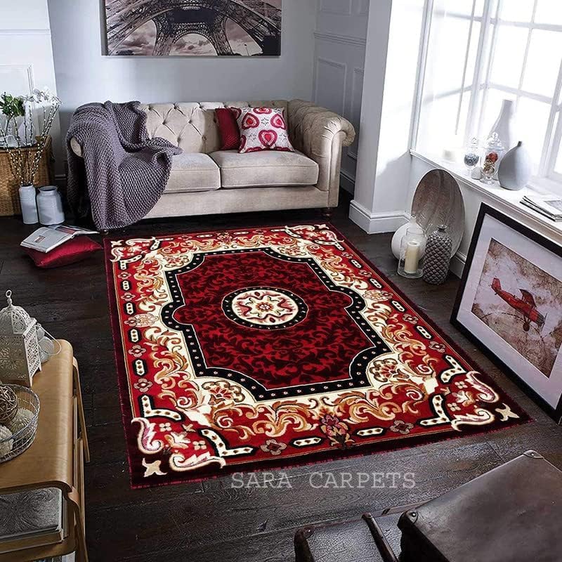 Image of Soft Thick Geometric Acrylic Washable Anti Skid Carpet. for Living Room Bedroom. Hall Size 8 x 11 feet (150X210 Cm) RED D27