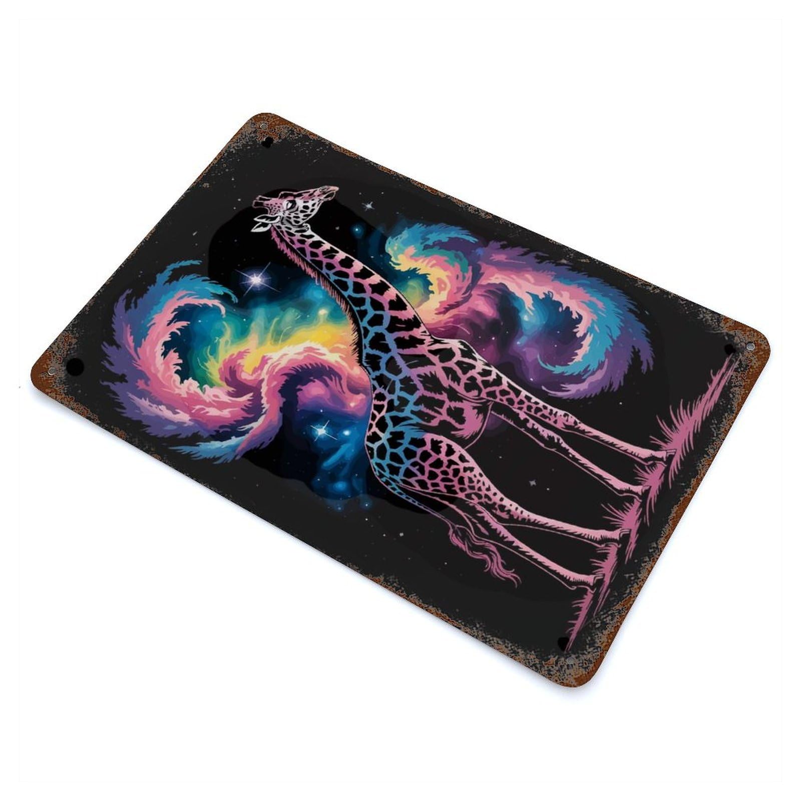 Cosmic Giraffe Illustration 11.8"x7.9" Retro Metal Sign, Old School Wall Decor for Office, Studio And Wall Decor