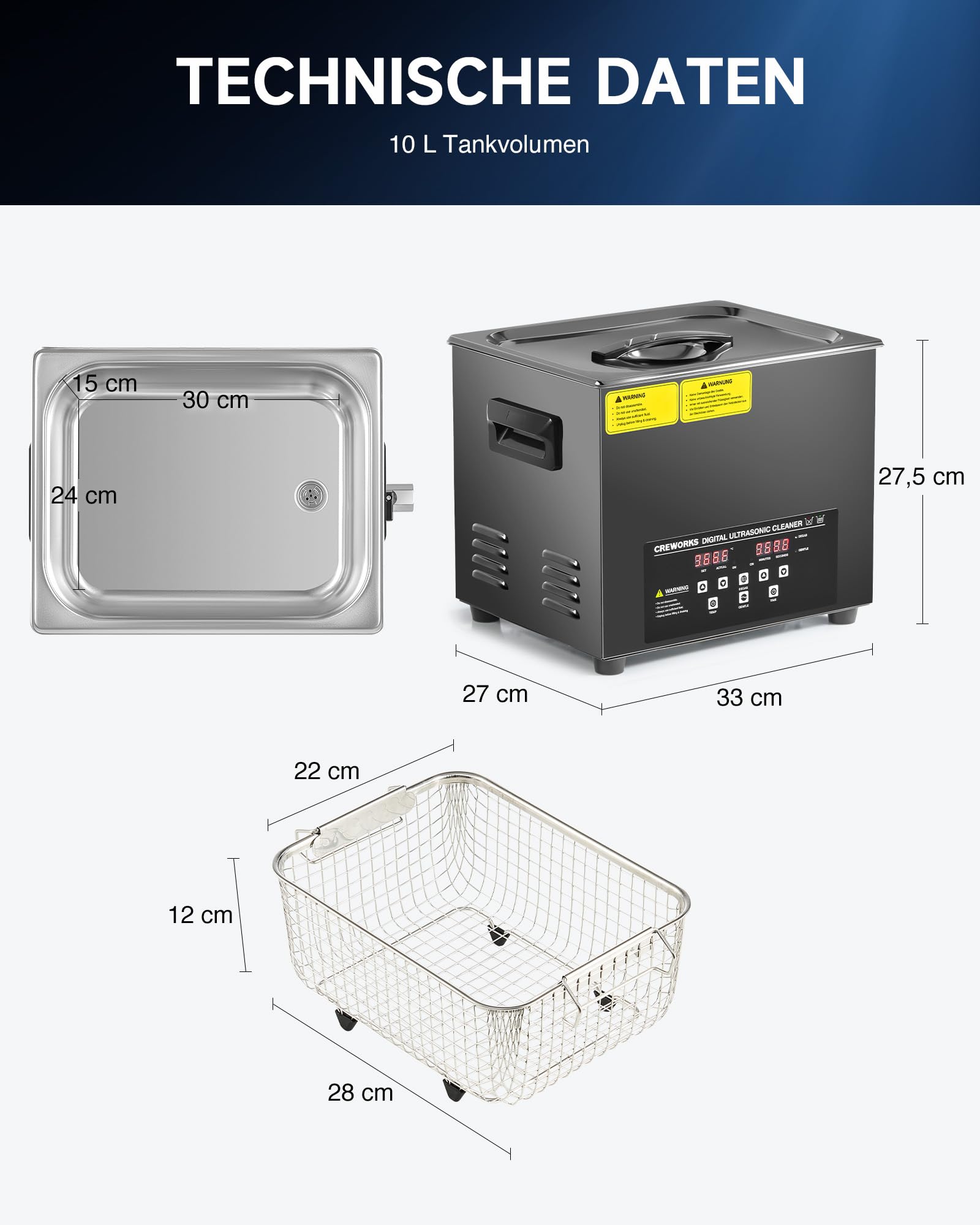 CREWORKS Lavatrice Ultrasuoni Digitale 10L 240W con Riscaldatore e Timer, Pulitore Ultrasuoni Professionale in Acciaio Inossidabile con 2 Modalità, Vasca Ultrasuoni per Ricambi Auto, Utensili