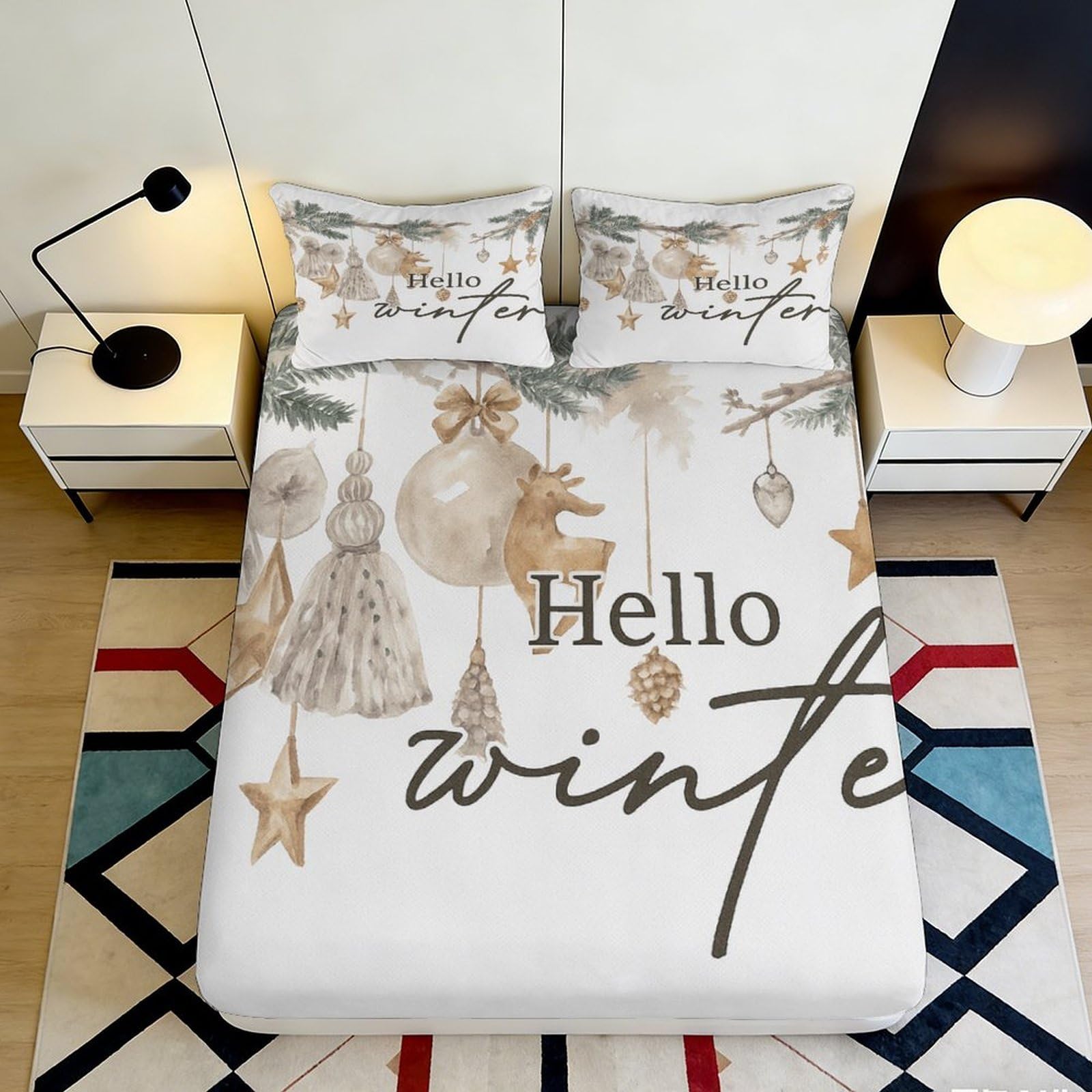 3D Printed Winter Forest Fitted Sheet Microfiber Soft Beige Reindeer Christmas Ornament Bed Cover for Bedroom Guest Room 90x200x25cm