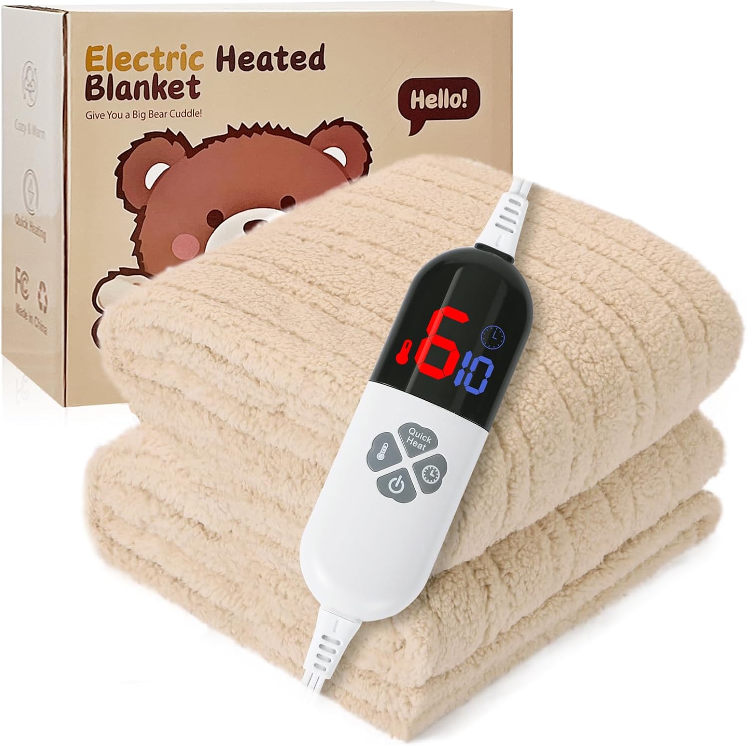 Heated Blanket Full Size 72"X84" Beige - Soft Double Sided Sherpa Electric Blanket Full Size with LED Display, 6 Heating Levels & 10 hrs Timer, Machine Washable & Fast Heating, Gift for Women - Image 4