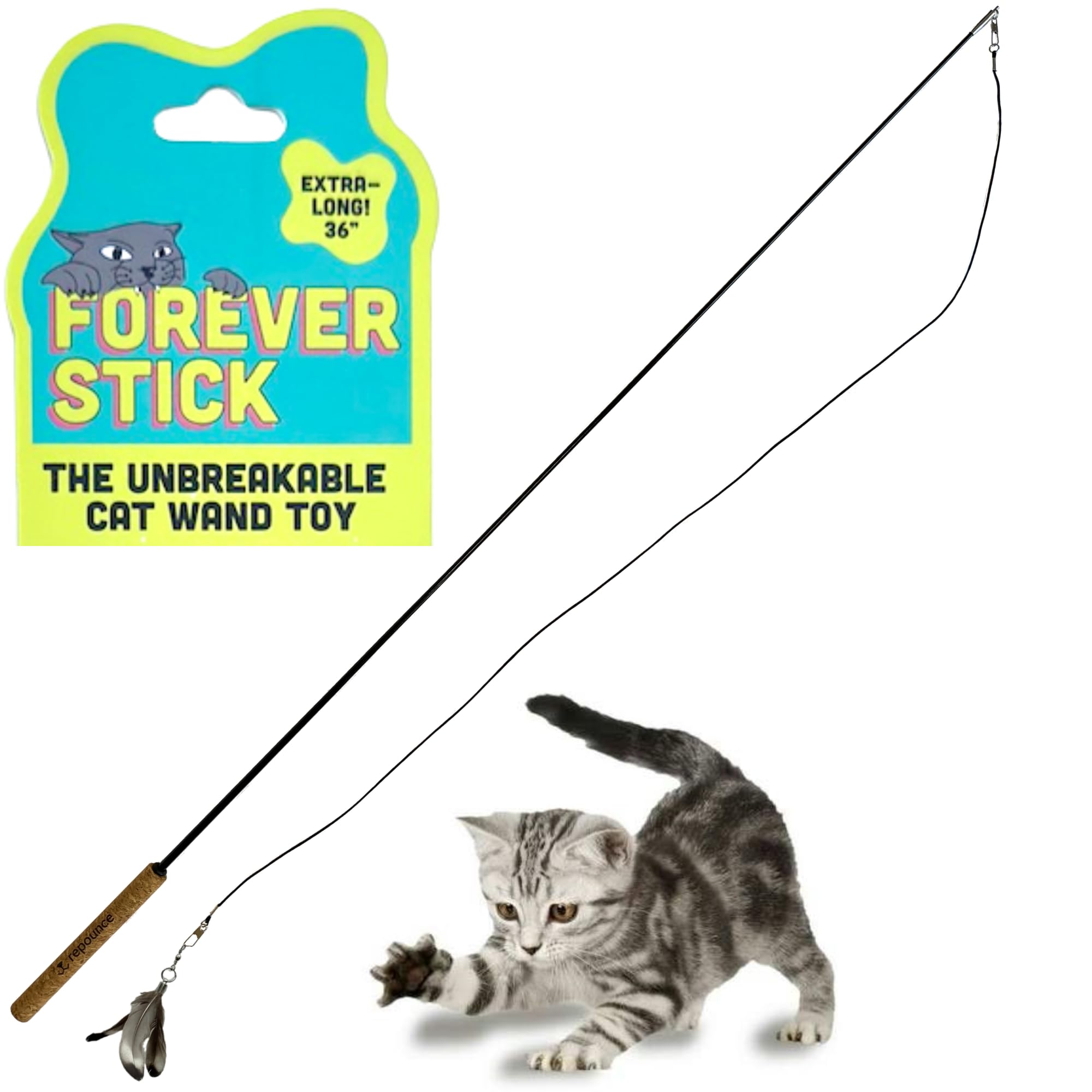 - repounce Forever Stick - The Unbreakable Cat Wand Toy, Extra Long Durable Cat String Toy for Indoor Cats, Cat Fishing Pole Toy for Bored Indoor Adult Cats, Feather String Toy On Stick Enrichment