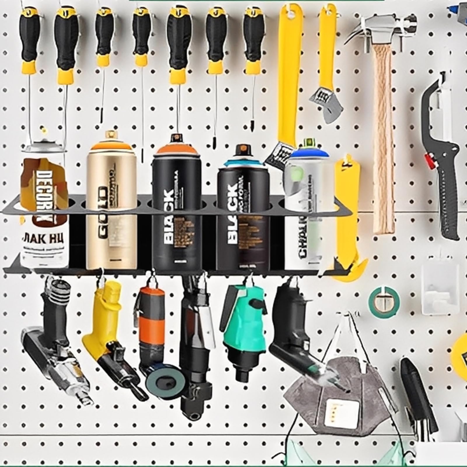 PARFCO Porta bombolette spray 43 cm, 5 fori, da parete, nero, con 6 fessure da 8 mm, per officina, casa, bar