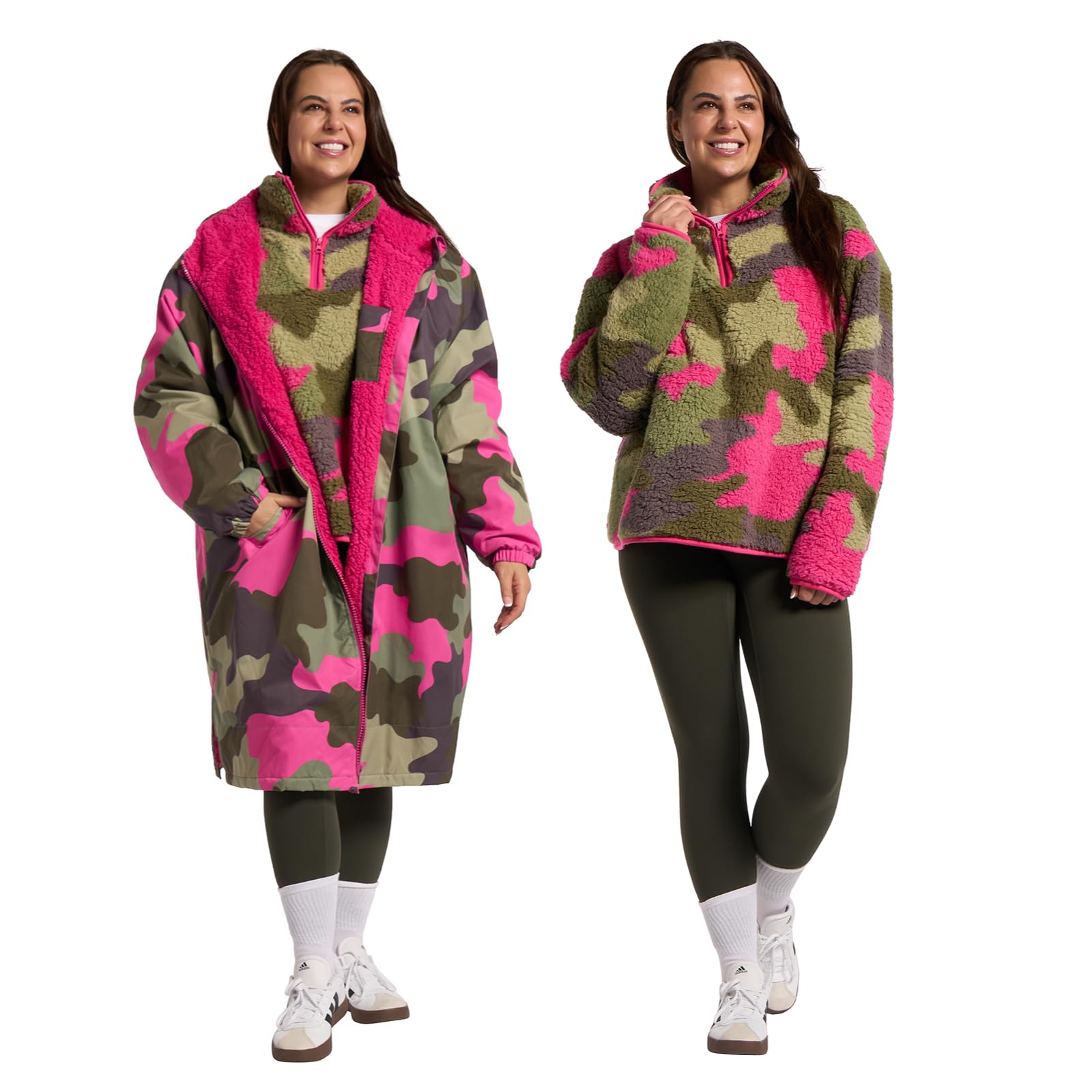 OHS Rain Coats for Women Camouflage Changing Robe with Hood & Pockets Womens Coats Including Teddy Fleece Jacket Women Half Zip Long Sleeve Women's Clothing for Outdoor Activities, Green/Pink - S/M