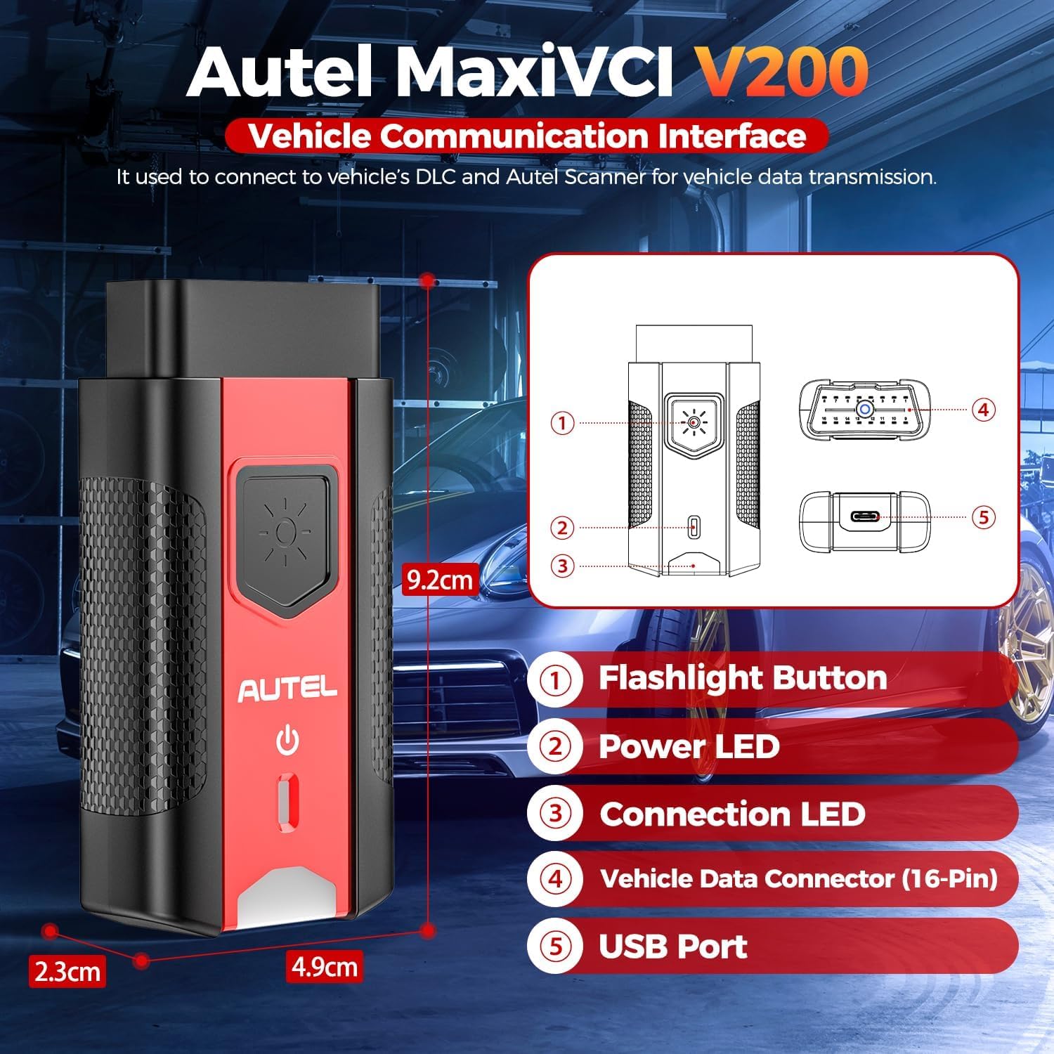 Autel MaxiVCI V200 VCI200 Wireless Dongle, VCI 200 OBD2 Anschlussadapter | 2026 Auto Kommunikationsschnittstelle, Funktioniert mit MaxiSys MS906 PRO MS906 PRO-TS KM100 BT608 BT609 ITS600 MK906 PRO-TS
