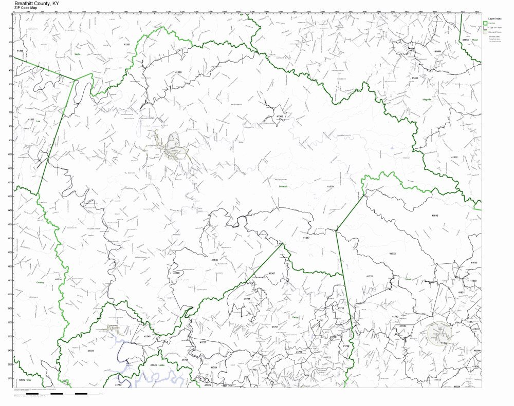 Breathitt County, Kentucky KY ZIP Code Map Not Laminated