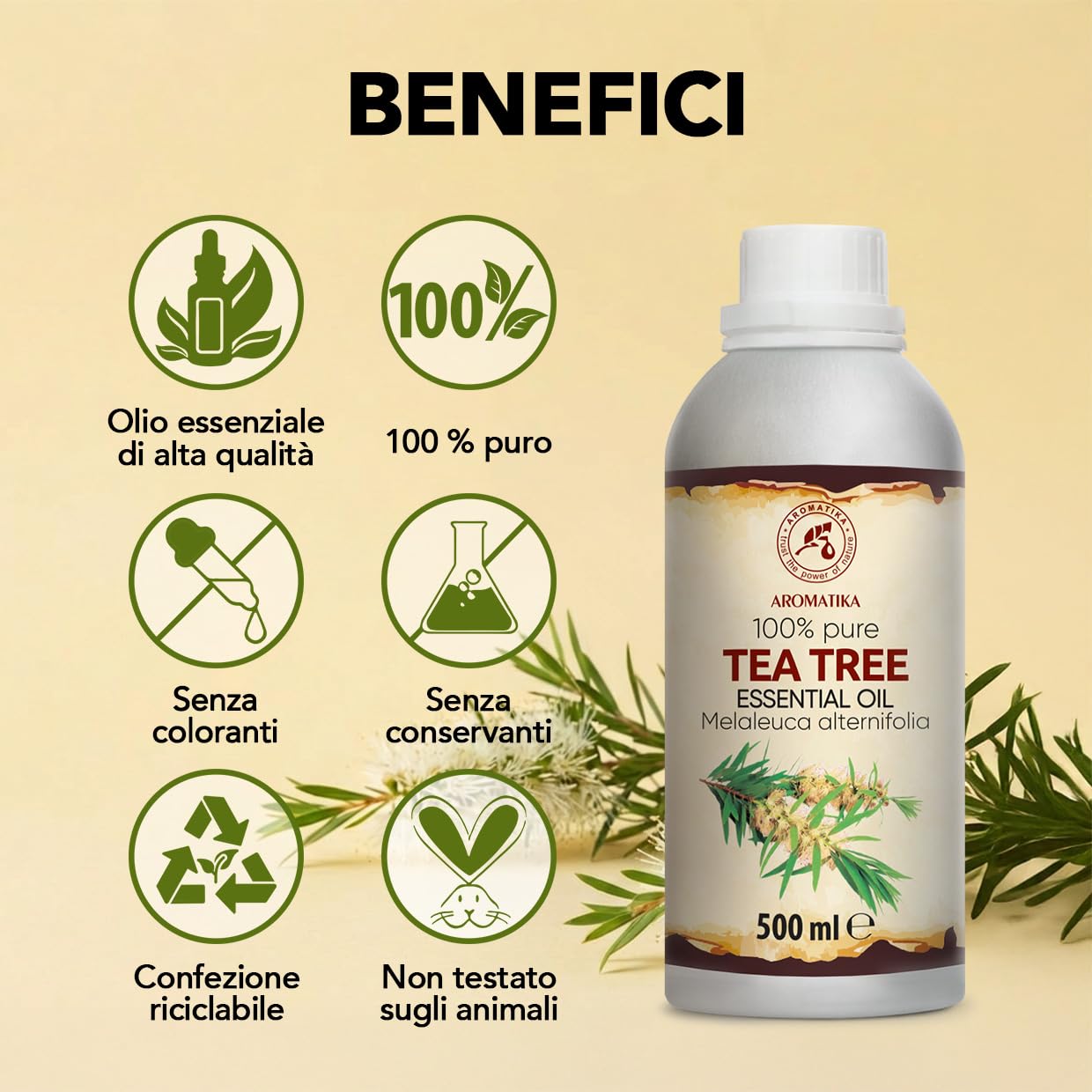 Olio Essenziale Dell'albero Del Tè 500 ml - Melaleuca Alternifolia - Naturale e Puro - Olio essenziali per Diffusori - Profumi per la Casa - Saponi e Candele - Sauna - Aroma Fresco - Aromaterapia