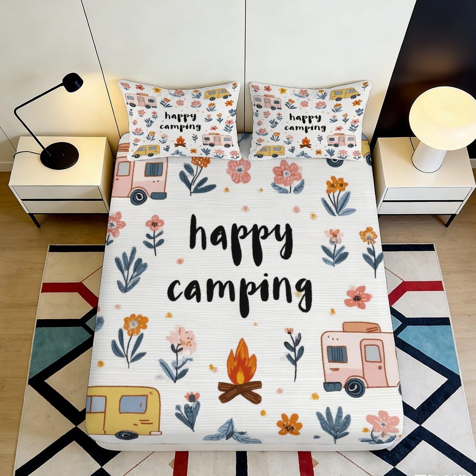 3D Printed Happy Camping Fitted Sheet Microfiber Floral Camper Mattress Cover Anti-Slip Machine Washable for Bedroom Guest Room 140x200x25cm