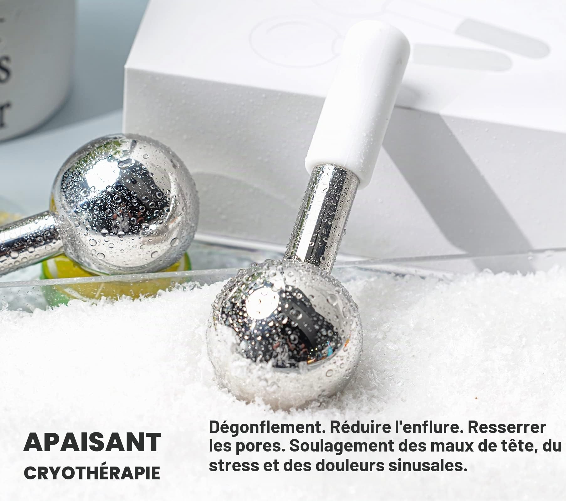 VRAIKO Ice Globes pour le visage et Gua Sha, outils pour le visage Gua Sha et bâtonnets de cryo avec acier incassable, rouleaux de refroidissement pour les cernes, les poches et le drainage (Blanc)